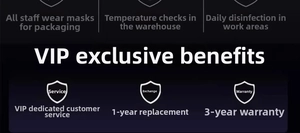 VIP service card showing icons for 1-year replacement and 3-year warranty coverage