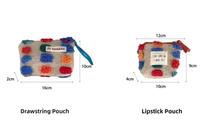 Detailed size chart showing dimensions for plush drawstring bag and lipstick pouch