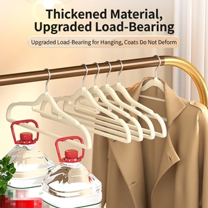 Strong beige non-slip clothes hanger with metal hook holding heavy water bottles