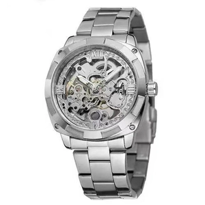 Men's skeleton automatic mechanical watch in silver stainless steel with roman numerals
