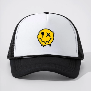 Vintage καπέλο trucker με λιωμένο κίτρινο smiley σε λευκό αφρό και μαύρο δίχτυ