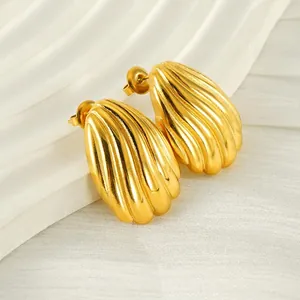 18K Gold Plated Stainless Steel Stud Earrings Shell Texture Ribbed Geometric Vintage Style For Women