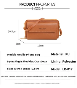 Detailed view of brown PU leather crossbody bag dimensions and internal structure