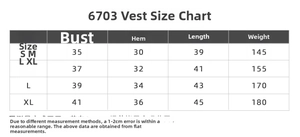 Detailed size chart for women's yoga vest showing bust, hem, and length specifications