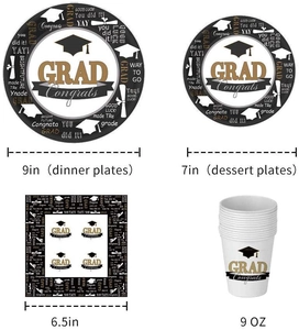 Details van 9 inch dinerborden, 7 inch dessertborden, servetten en 9 OZ partybekers