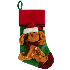 Green velvet Christmas stocking with a 3D plush brown dog and red checkered toe detail