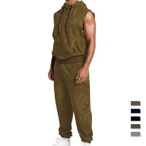 Sweat À Capuche Sans Manches Et Jogging Pour Hommes Effet Délavé À L'acide Mélange De Coton Sportswear