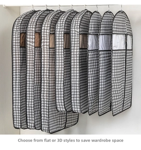 Detail of houndstooth garment bags with viewing window in flat and 3D styles
