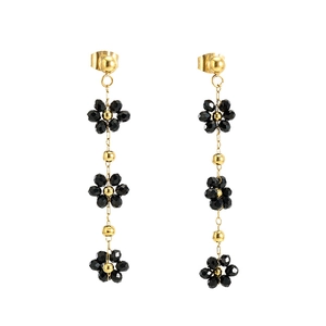Boucles d'oreilles bohèmes en or 18 carats avec fleurs en cristal noir et acier inox