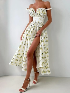 Floral off-shoulder maxi dress with lemon print, drawstring chest and side leg slit