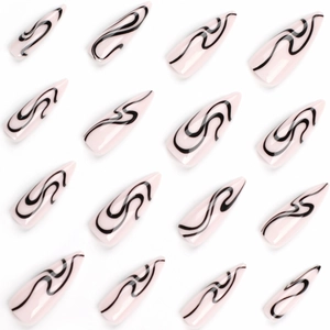 Pink stiletto press-on nails with black snakeskin pattern in 16-piece set