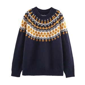 Women Retro Knit Sweater Navy Blue Fair Isle Geometric Pattern Round Neck Long Sleeve Loose Pullover Soft Warm Jumper