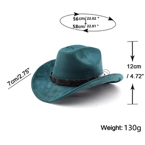 Vue détaillée du chapeau de cowboy en daim sarcelle avec bord de 7cm et taille 56-58cm