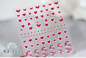 Detail of KX-102 nail stickers featuring red heart patterns and dynamic wavy lines