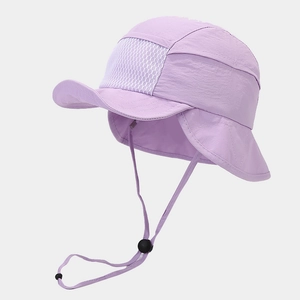 Detail of purple quick-dry sun hat with breathable mesh and adjustable chin strap