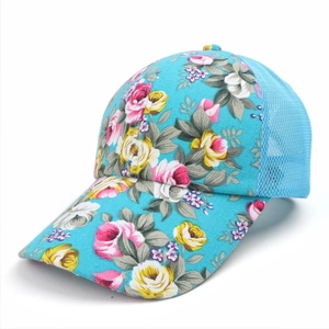 Detail view of breathable mesh and floral print pattern on this summer sun baseball cap