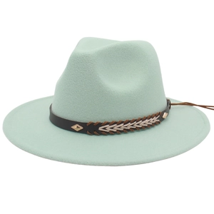 Detail of mint green wool fedora with brown leather band, white braid, and gold studs