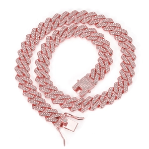 Close-up of a rose gold 14mm rhombic Cuban chain necklace with full diamond inlay and square clasp