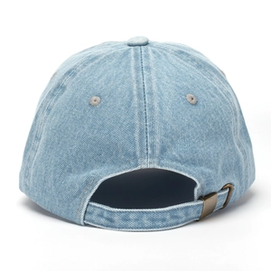 Detail view of denim baseball cap back with adjustable vintage metal buckle and stitching