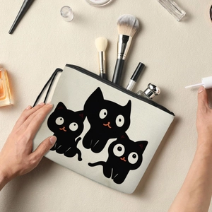 Cartoon Black Cat Print Cosmetic Makeup Bag Linen Canvas Zipper Toiletry Storage Pouch With Wrist Strap
