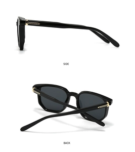 Side and back view of retro square black sunglasses with iconic gold T-shaped metal hinges