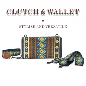 Detail view of Bohemian canvas clutch with geometric patterns and detachable wrist straps
