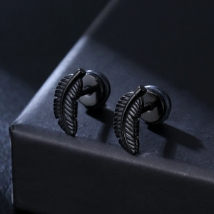 316L stainless steel black feather stud earrings with detailed metallic punk texture