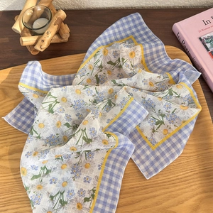 Floral cotton linen square scarf with blue gingham pattern and yellow border on wood tray