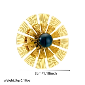 Detailed view of irregular golden sunburst earrings with a dark round center bead