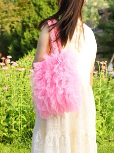 Chic pink layered mesh tulle shoulder bag for women with tiered ruffle design