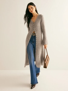 Long grey knit cardigan with V-neck and single-breasted buttons for autumn winter