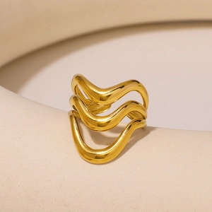Polished 18K gold plated stainless steel wave ring with minimalist multi-layer geometric lines