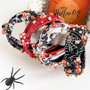 Halloween knot headbands with spider web and skull patterns decorated with pearls and rhinestones