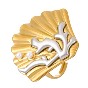 Golden shell-shaped ring with silver coral pattern and white pearls in stainless steel