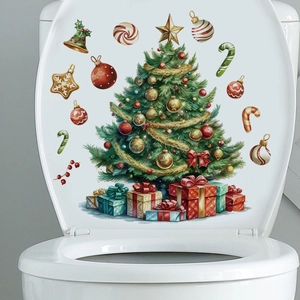 Christmas tree toilet seat decal with colorful gift boxes and festive star ornaments