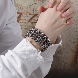 Stainless Steel Skull Head Bracelet Men Punk Gothic Wide Multi Row Link Chain Jewelry Hip Hop Heavy Metal Silver Tone