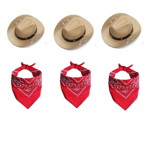 Detail view of 3 brown cowboy hats and 3 red paisley bandanas for small pets and dogs