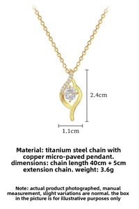Close-up of gold twist teardrop pendant with micro-pave zircons on titanium steel chain