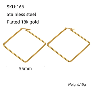 Macro shot of 55mm 18k gold plated stainless steel square hoop earrings with snap closure