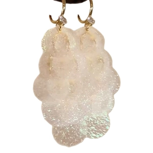 Elegant C-shaped earrings with zircon accents and iridescent white petal fringe