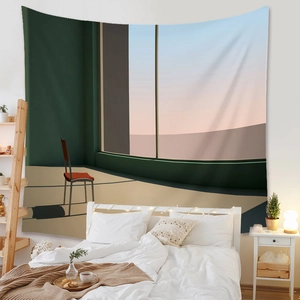 Detail of bohemian sunset tapestry featuring a modern chair illustration on a bedroom wall