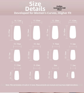Size chart for pink bow mid-length square press-on nails with 12 specific dimensions