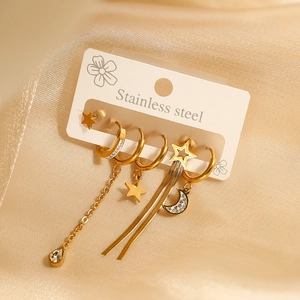 Set of 5 golden stainless steel earrings with moon, star charms and rhinestones