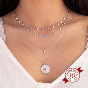 Collana multifilo in argento sterling S925 con ciondoli a stella e disco solare