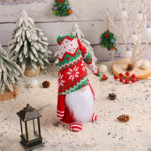 Charming knitted Christmas gnome plush decoration with red and green snowflake hat and long beard
