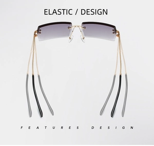 Detail showing elastic design of gold frameless sunglasses with gradient purple lenses