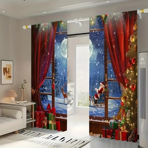 Rideaux de Noël détaillés avec le Père Noël et des rennes sur une forêt enneigée