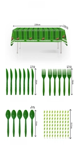 Football party tableware set with field tablecloth and green plastic utensils details