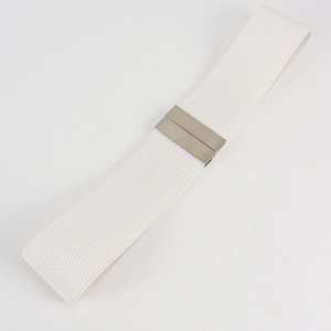 Close-up of a white wide elastic waist belt with a brushed silver metal buckle detail