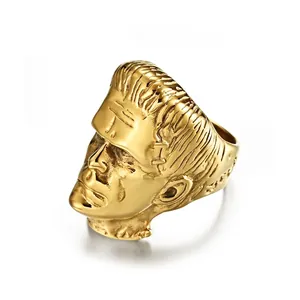 Frankenstein Monster Head Ring For Men Stainless Steel 18K Gold Plated 3D Portrait Punk Hip Hop Gothic Rock Jewelry